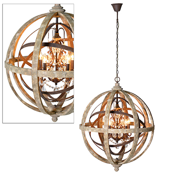 Large Round Wooden Orb Chandelier with Metal Orb Detail ...