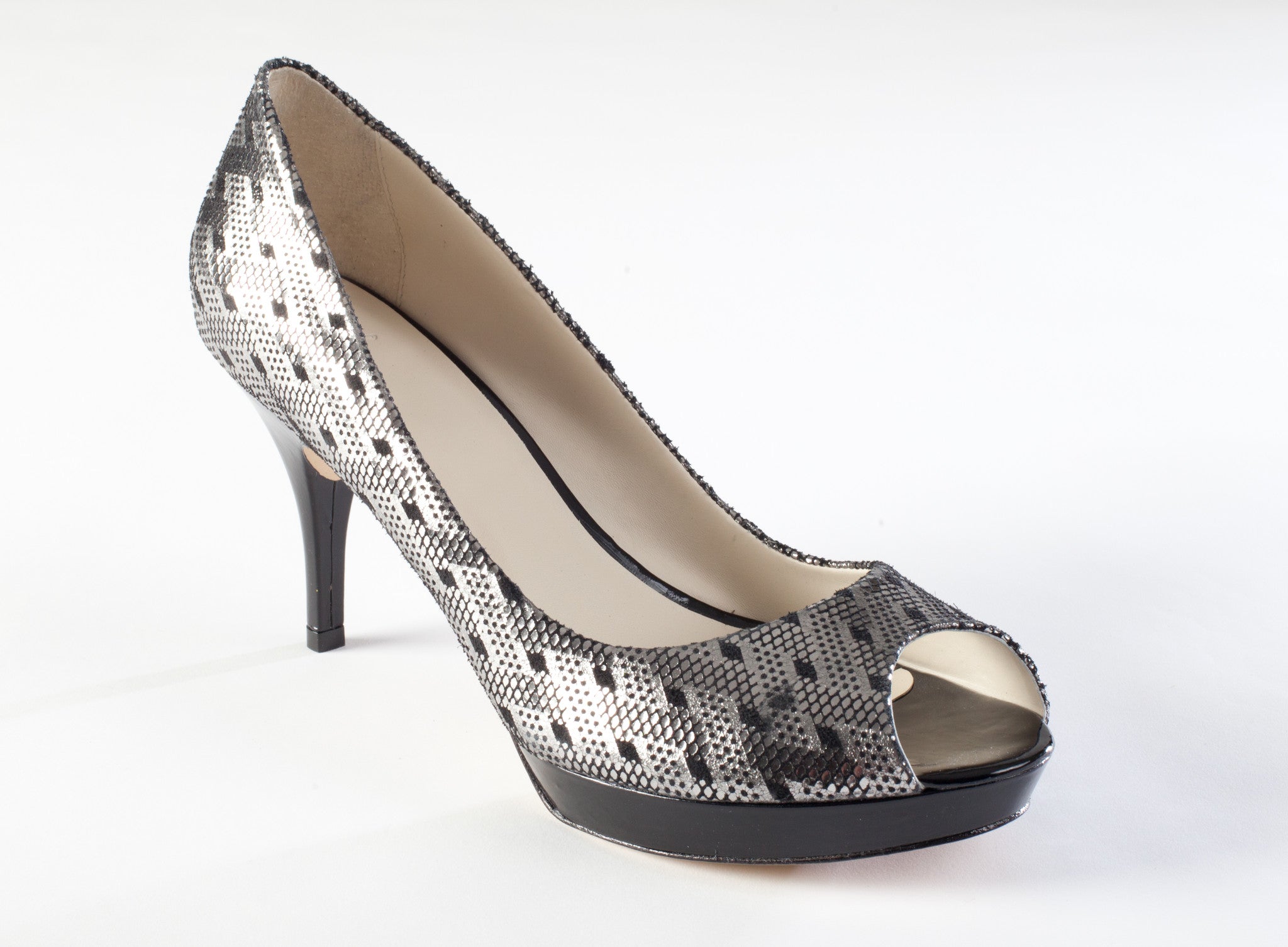 pewter peep toe heels