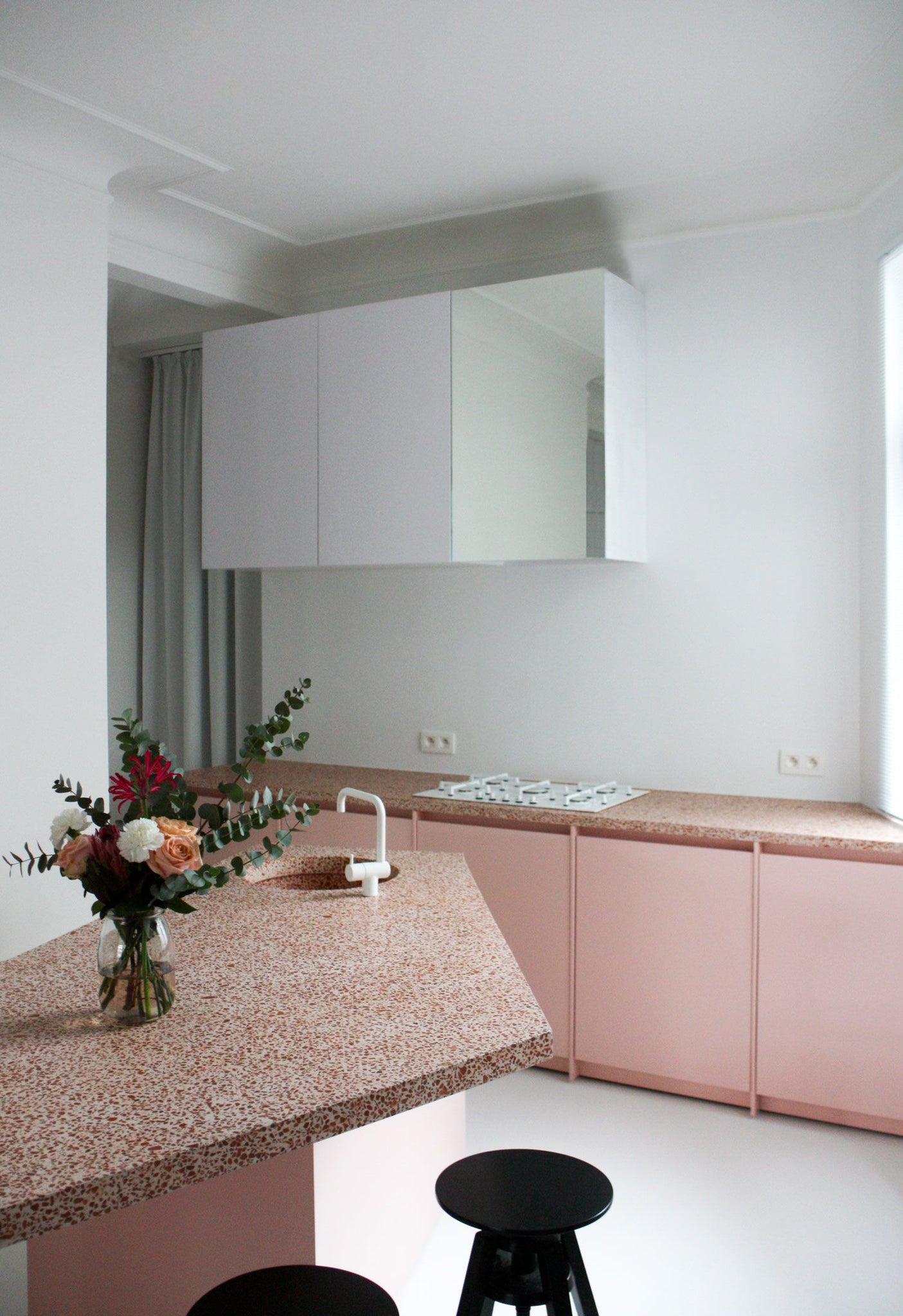 Simple Pink Kitchen With Terrazzo Worktops