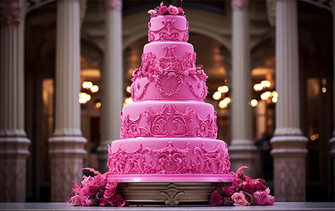 An ai-generated image of a hot pink five tier wedding cake inspired by the Barbie movie