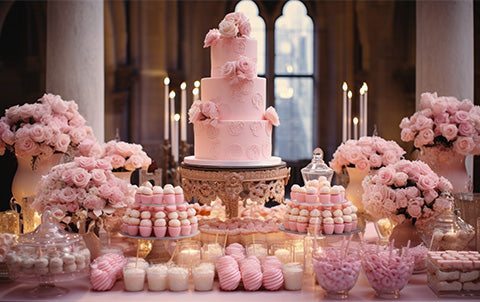 An ai-generated image of a dessert table at a Barbie inspired wedding featuring pink cupcakes and a pink wedding cake