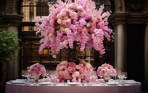 An ai-generated image of pink table flowers at a Barbie inspired wedding