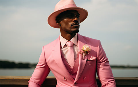 An ai-generated image of a groom wearing a hot pink wedding suit at a Barbie inspired wedding