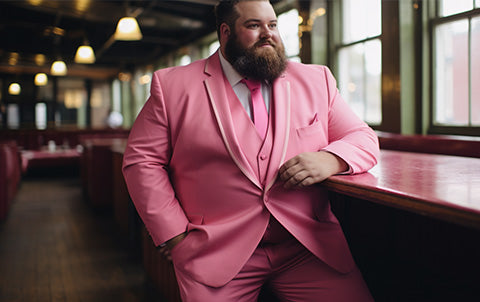 An ai-generated image of a plus-size groom wearing a hot pink wedding suit at a Barbie inspired wedding