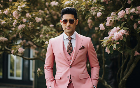 An ai-generated image of a groom wearing a pink wedding suit at a Barbie inspired wedding