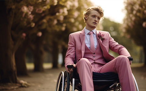 An ai-generated image of a groom wearing a pink wedding suit in a wheelchair at a Barbie inspired wedding