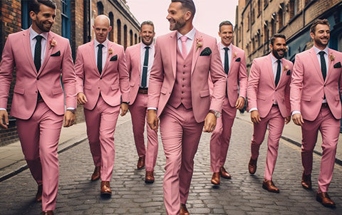 An ai-generated image of a groomsmen wearing pink wedding suits to a Barbie inspired wedding