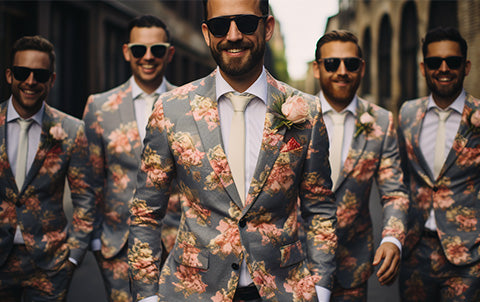 An ai-generated image of a groomsmen wearing floral wedding suits and black sunglasses to a Barbie inspired wedding