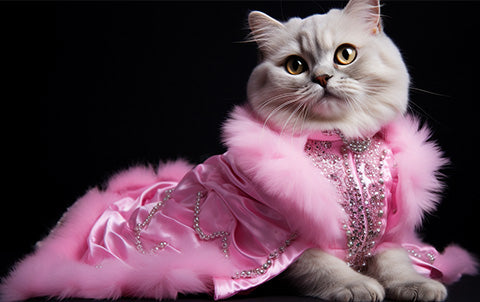 An ai-generated image of a grey fluffy cat wearing a pink dress with diamonds for a Barbie inspired wedding