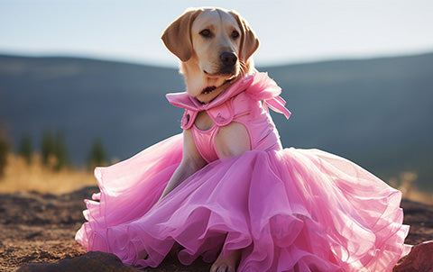 An ai-generated image of a golden labrador wearing a pink dress for a Barbie inspired wedding