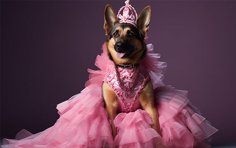 An ai-generated image of a german shepherd wearing a pink dress to a Barbie inspired wedding