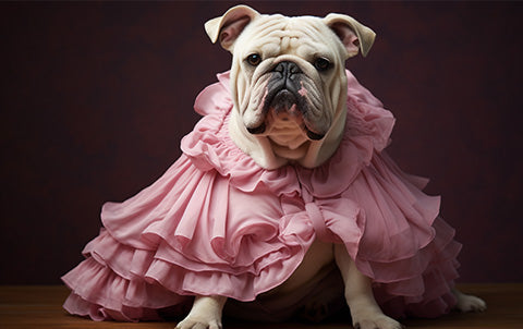 An ai-generated image of a bulldog wearing a pink dress to a Barbie inspired wedding
