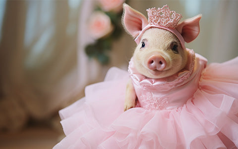 An ai-generated image of a pig wearing a pink wedding dress to a Barbie inspired wedding