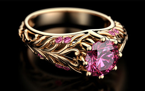 An ai-generated image of an engagement ring with a pink diamond inspired by a Barbie wedding