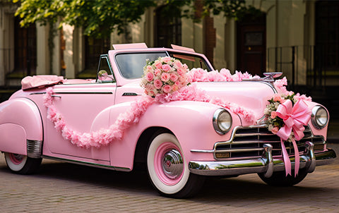 An ai-generated image of a pink wedding car with flowers on it inspired by a Barbie-themed wedding