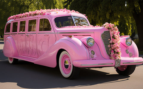 An ai-generated image of a pink wedding car with flowers on it inspired by a Barbie-themed wedding