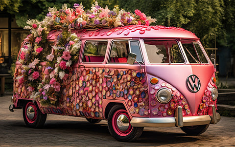 An ai-generated image of a pink VW camper van with flowers on it inspired by a Barbie-themed wedding