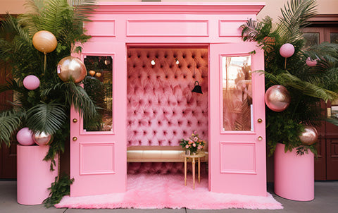 An ai-generated image of a pink photobooth at a Barbie inspired wedding