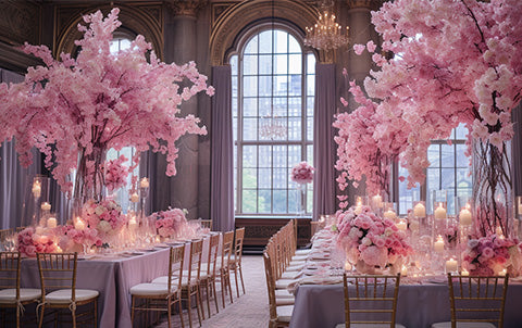 An ai-generated image of a Barbie-themed wedding venue with pink flowers