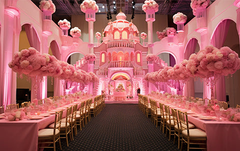 An ai-generated image of a Barbie-themed wedding venue which featured a castle with flowers surrounding it