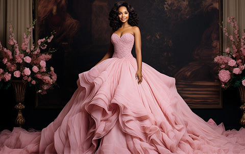 A mixed race woman in a pink flowy wedding dress with ruffles, inspired by the Barbie movie