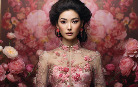 An ai-generated image of an asian woman in a pink lace wedding dress inspired by Barbie