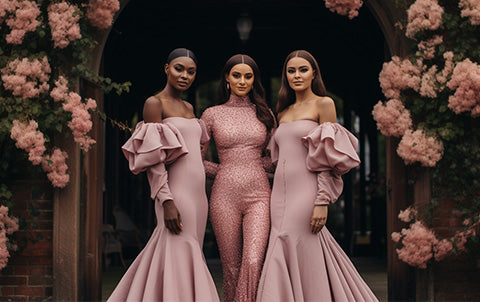 An ai-generated image of three women wearing nude pink bridesmaid dresses, inspired by the Barbie movie