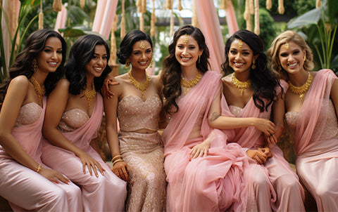 An ai image of asian woman as bridesmaids wearing pink dresses inspired by the Barbie movie