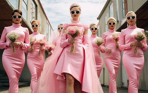 An ai-generated image of bridesmaids in hot pink dresses wearing sunglasses, inspired by the Barbie movie