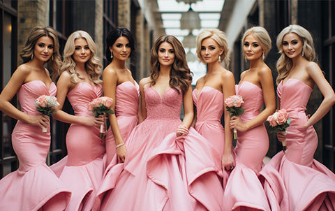 An ai-generated image of bridesmaids wearing pink dresses inspired by the Barbie movie