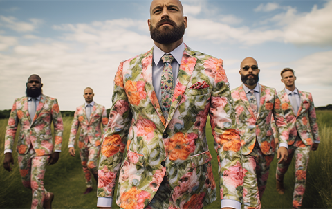 An ai-generated image of a groomsmen wearing floral wedding suits to a Barbie inspired wedding