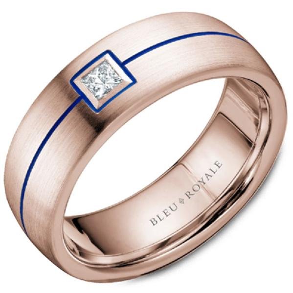 Bleu Royale Wedding Band with Princess Cut Diamond and Blue Enamel Stripe