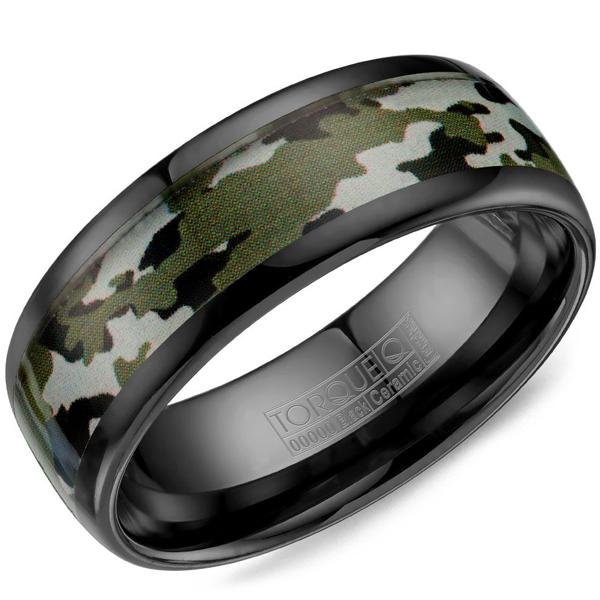 CrownRing Torque Black Ceramic Green Camouflage Wedding Band