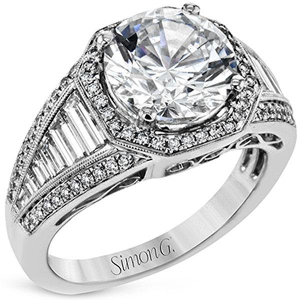 Simon G. Large Center Halo Diamond Baguette Side Cut Engagement Ring