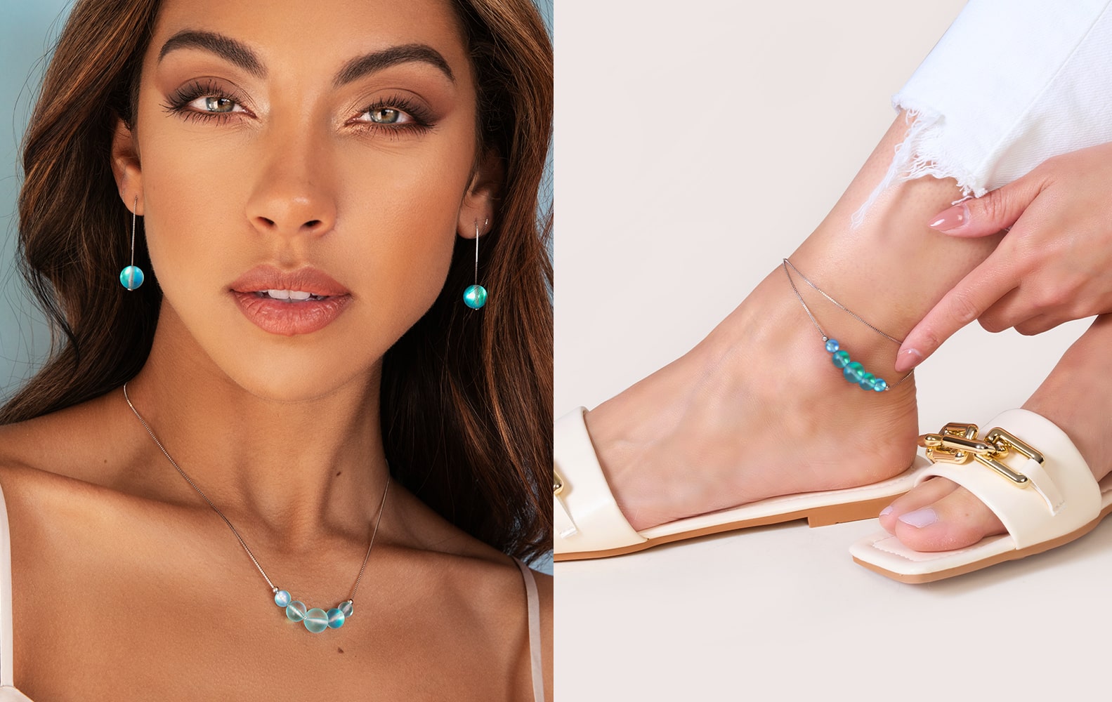 Aquamarine Blue Mermaid Glass Necklace and Anklet Combo Summer Trend