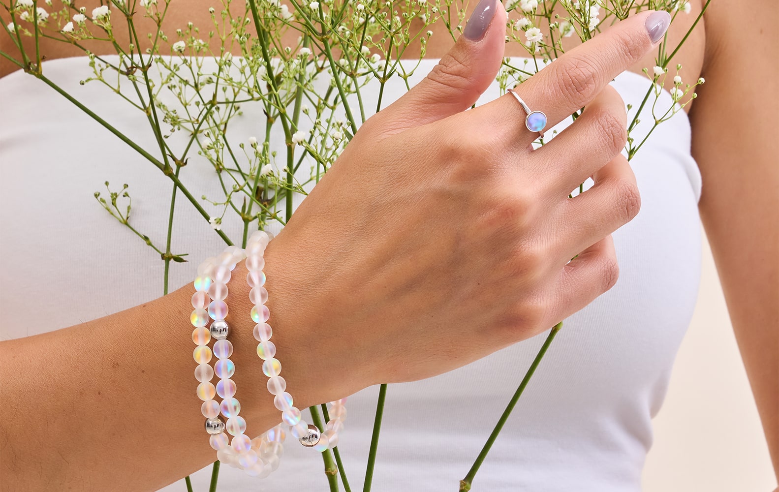 NOGU Rainbow White Handmade Mermaid Glass with Stainless Steel Beads Jewelry