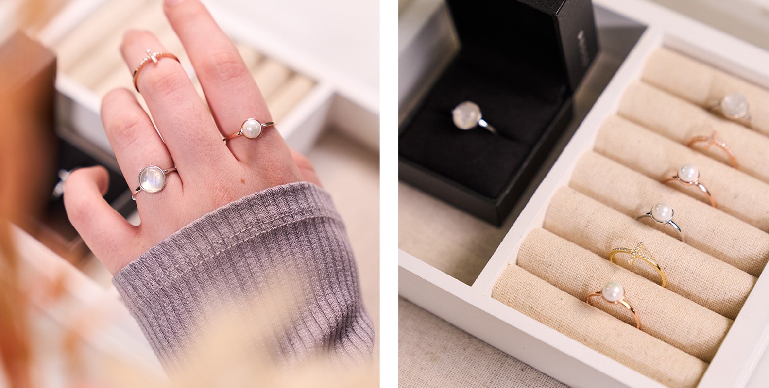 NOGU How to Stack Earrings and Rings (Understated Stack with Dainty and Minimalist Pearl Cross Moonstone Rings)