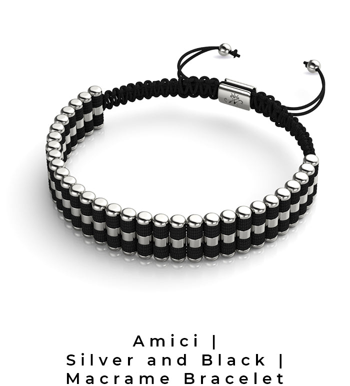 NOGU Black and Silver Amici Macrame Friendship Bracelet (Handmade)