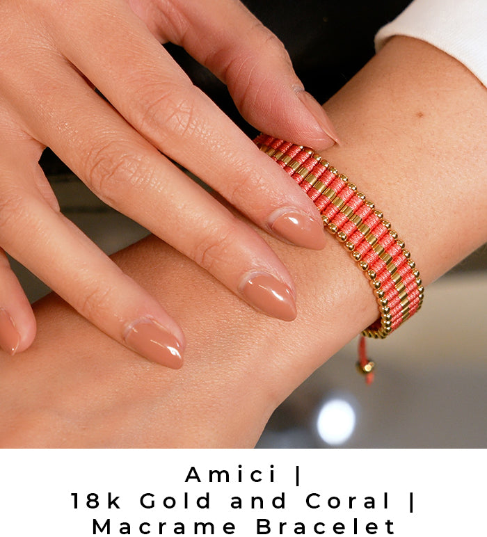 NOGU Coral and 18k Gold Amici Macrame Friendship Bracelet (Handmade Jewelry))