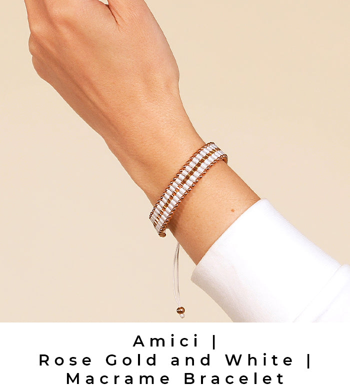 NOGU White and Rose Gold Amici Macrame Friendship Bracelet (Handmade)
