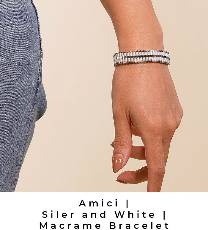 NOGU White and Silver Amici Macrame Friendship Bracelet (Handmade Jewelry)