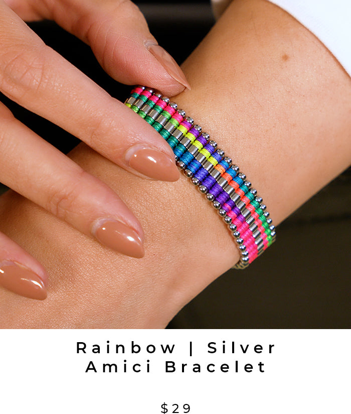 Rainbow and Silver Amici Handcrafted Friendship Bracelet (LGBTQ Pride)