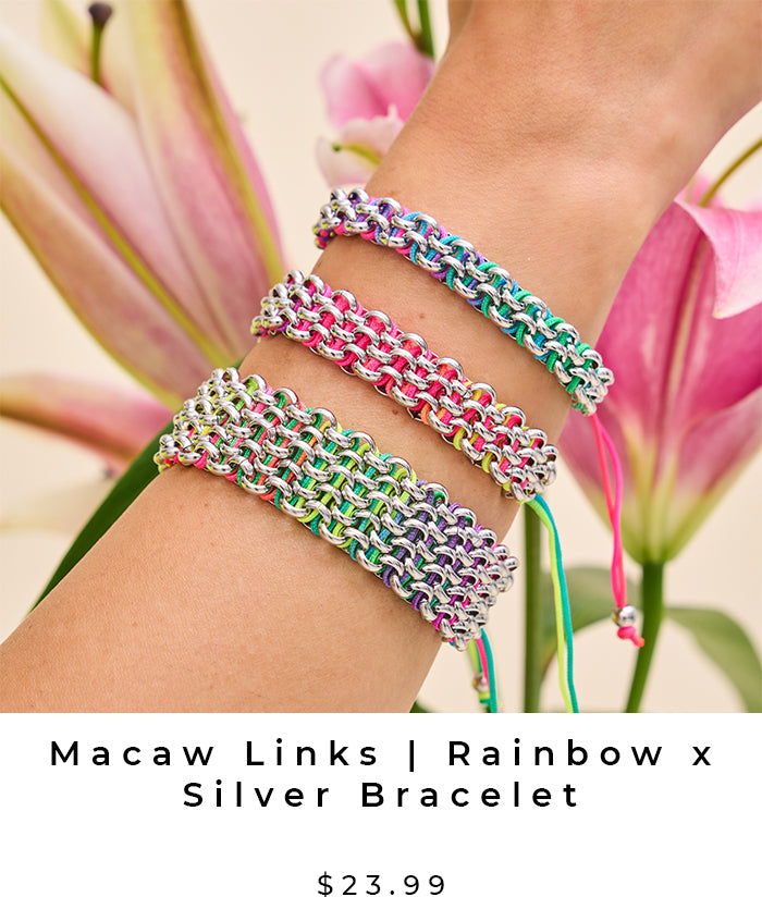 Macaw Rainbow and Silver Kismet Links Handmade Bracelet (Pride)