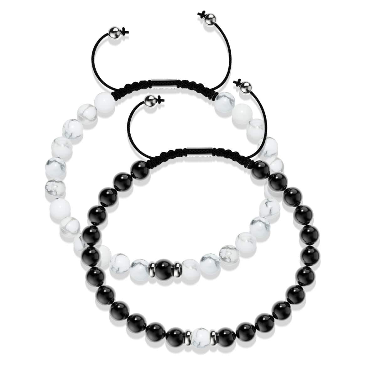 Image of Howlite & Onyx | Soulmate Bead Bracelet Set | 18k White Gold Vermeil | .925 Sterling Silver