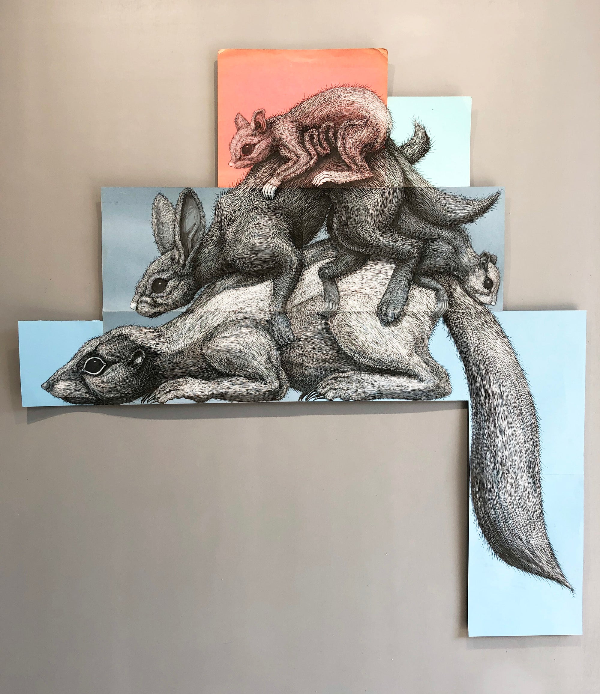 ROA "COMPOSITION: COTTONTAIL RABBIT, FLYING SQUIRREL, RED SQUIRREL & SKUNK MMXXI  (katoenstaartkonijnen konijnen uit de Nieuwe Wereld)"