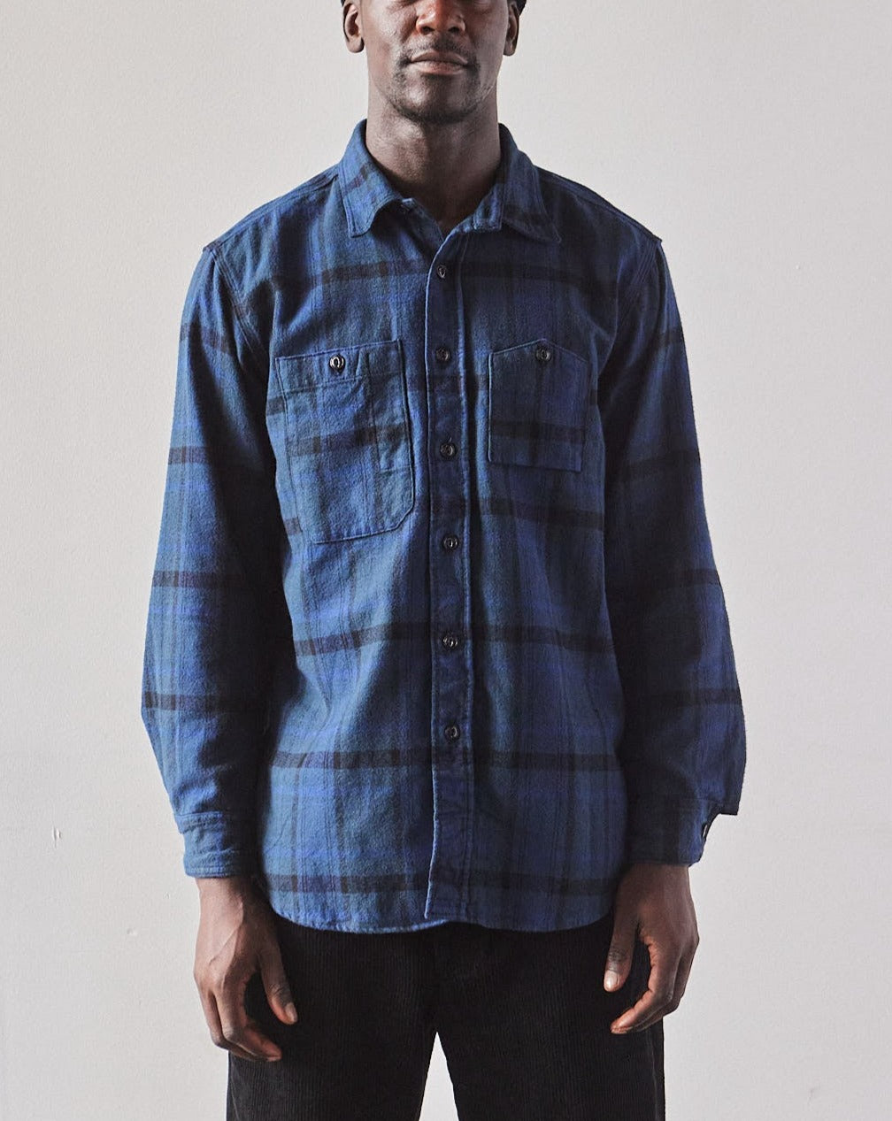 Engineered Garments Cotton Flannel Work Shirt, Navy/Black Plaid | Glasswing