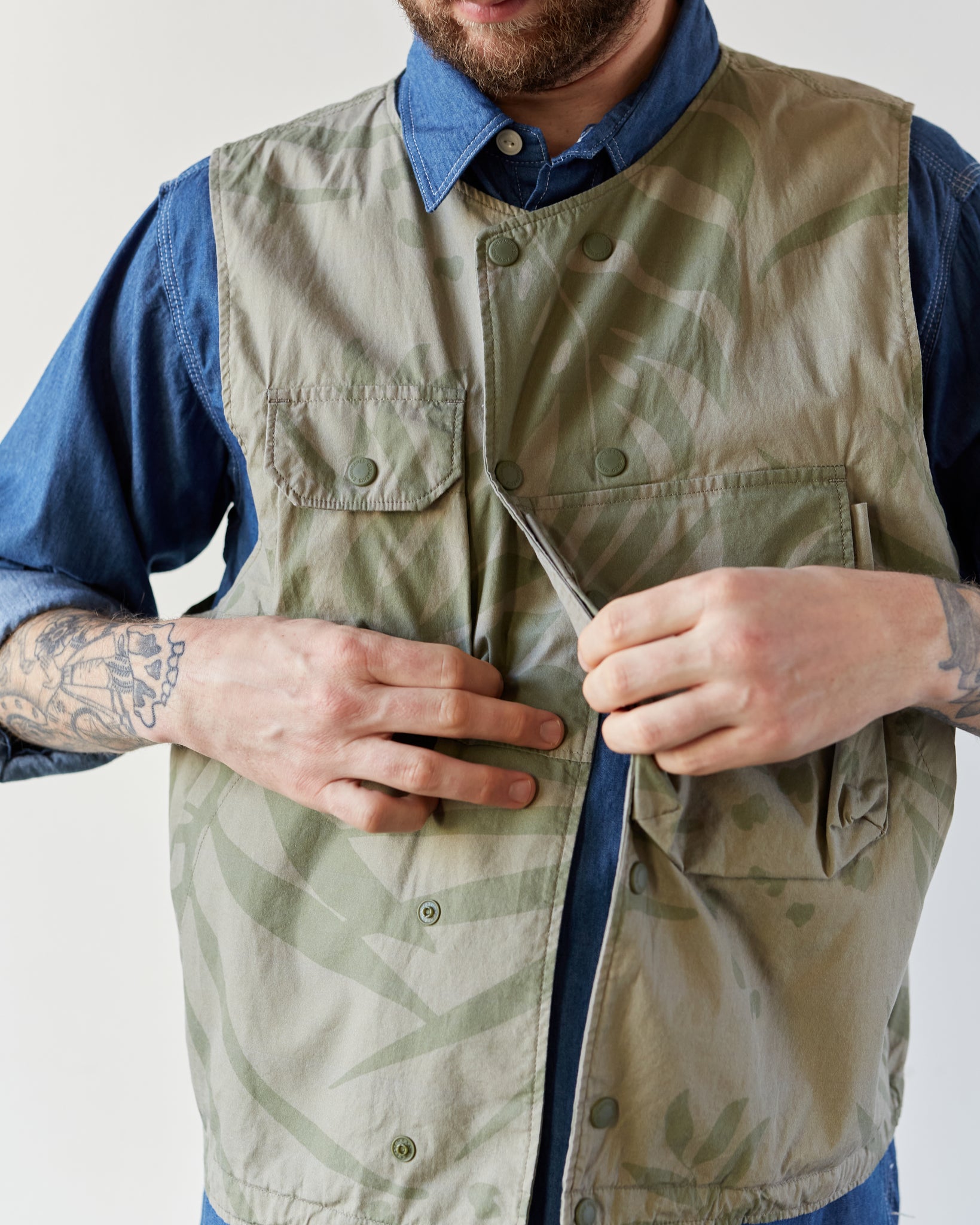 Engineered Garments Cover Vest, Khaki/Olive | Glasswing