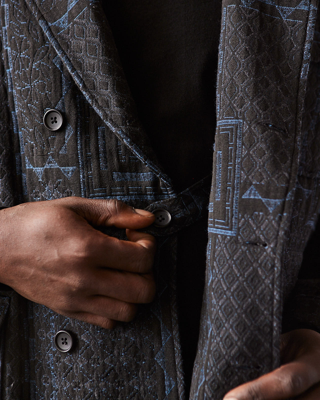 Engineered Garments Reefer Jacket, Black/Navy Geo Jacquard | Glasswing