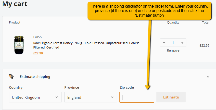 This image shows the shipping price calculator on the cart page.