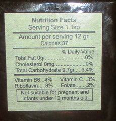 Image shows nutrition facts for jar of pine honey, including vitamin levels, which are higher than in other honeys.
